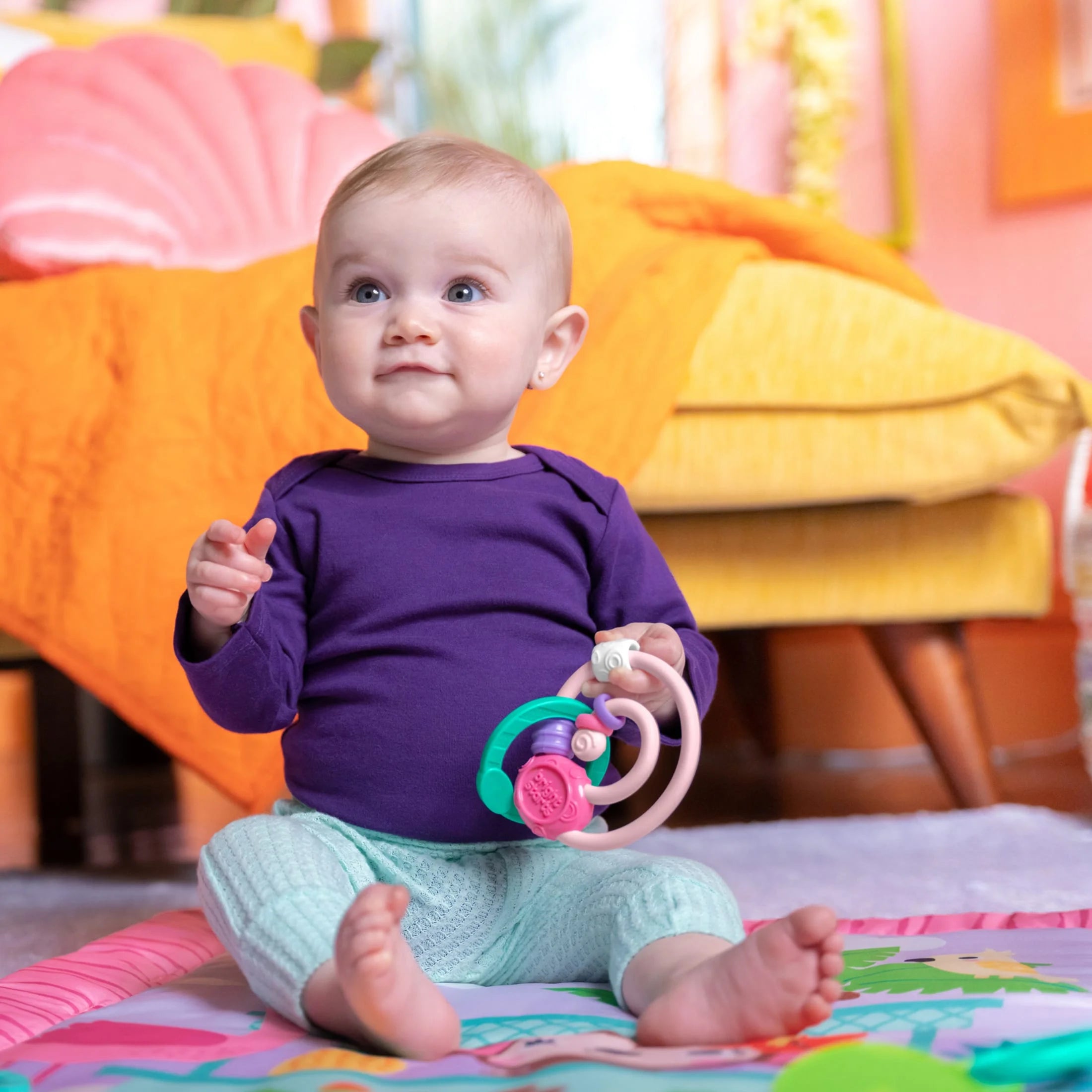 Pink Palms Tiki Toy Bar Baby Activity Gym & Tummy Time Mat with Toy Bar and 3 Toys, Newborn to 3 Years