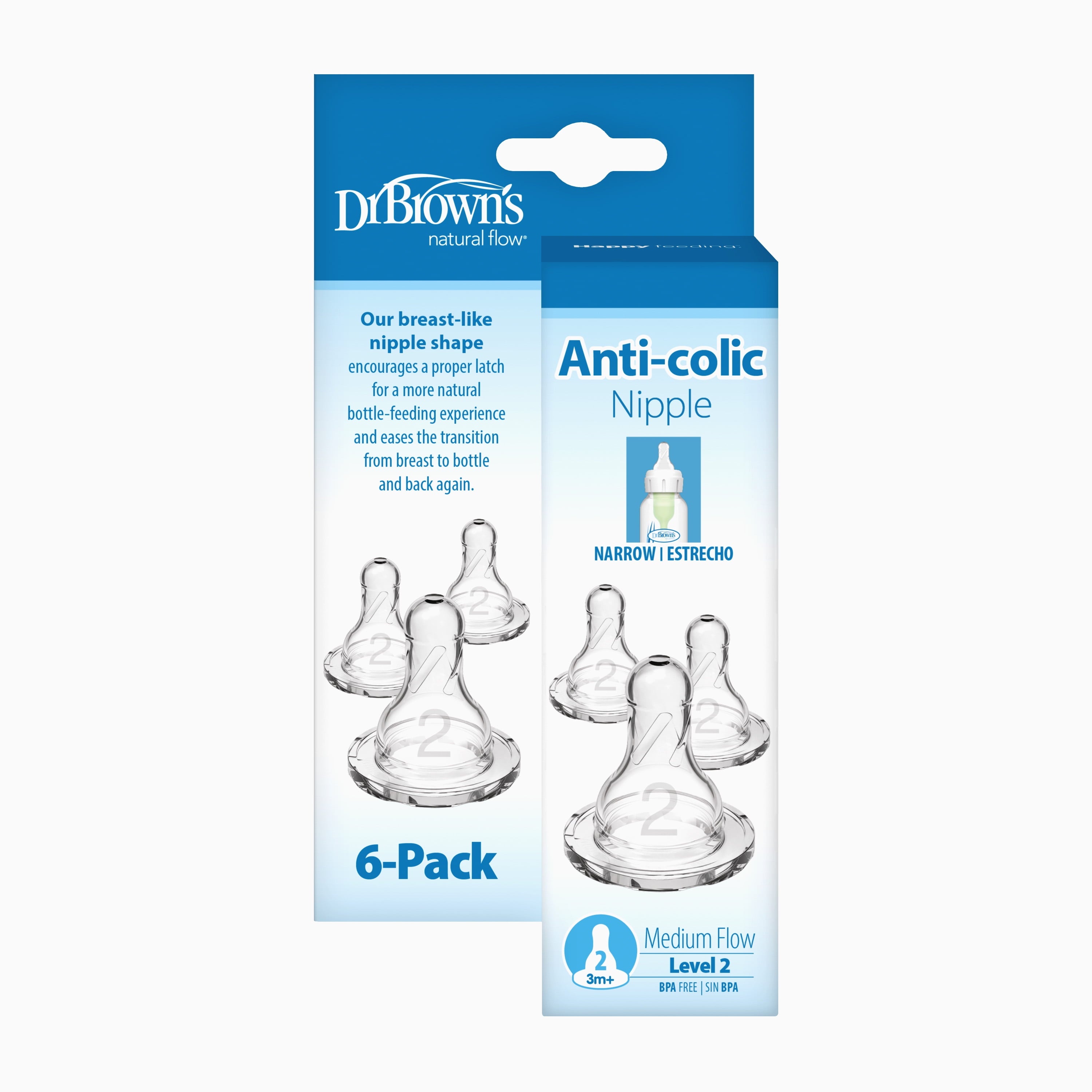 Natural Flow Level 2 Narrow Baby Bottle Silicone Nipple, Medium Flow, 3M+, 100% Silicone Bottle Nipple, 6 Pack