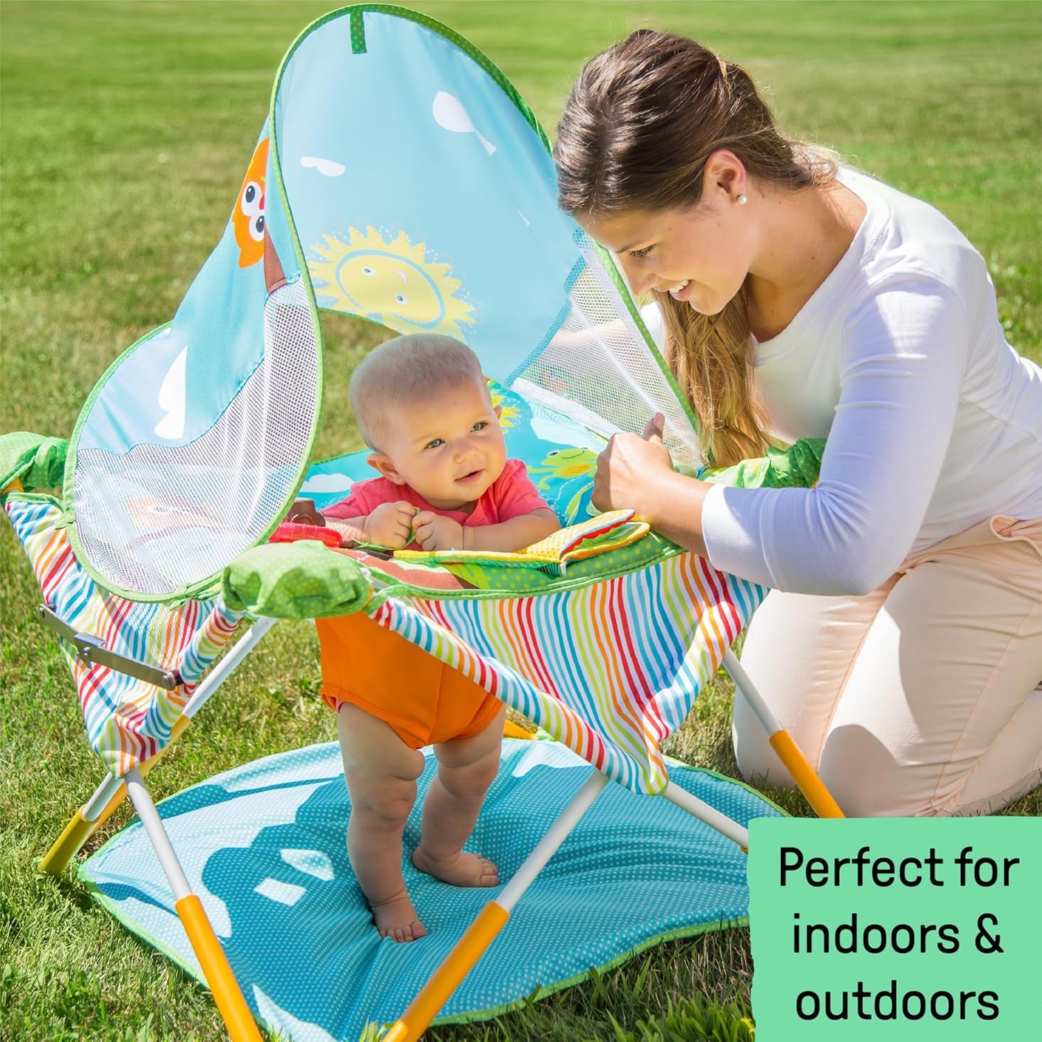 , Pop 'N Jump SE Portable Baby Activity Center, Indoor Outdoor Use, Lightweight, Carrying Bag, Canopy, 6-12 Months (Sweets)
