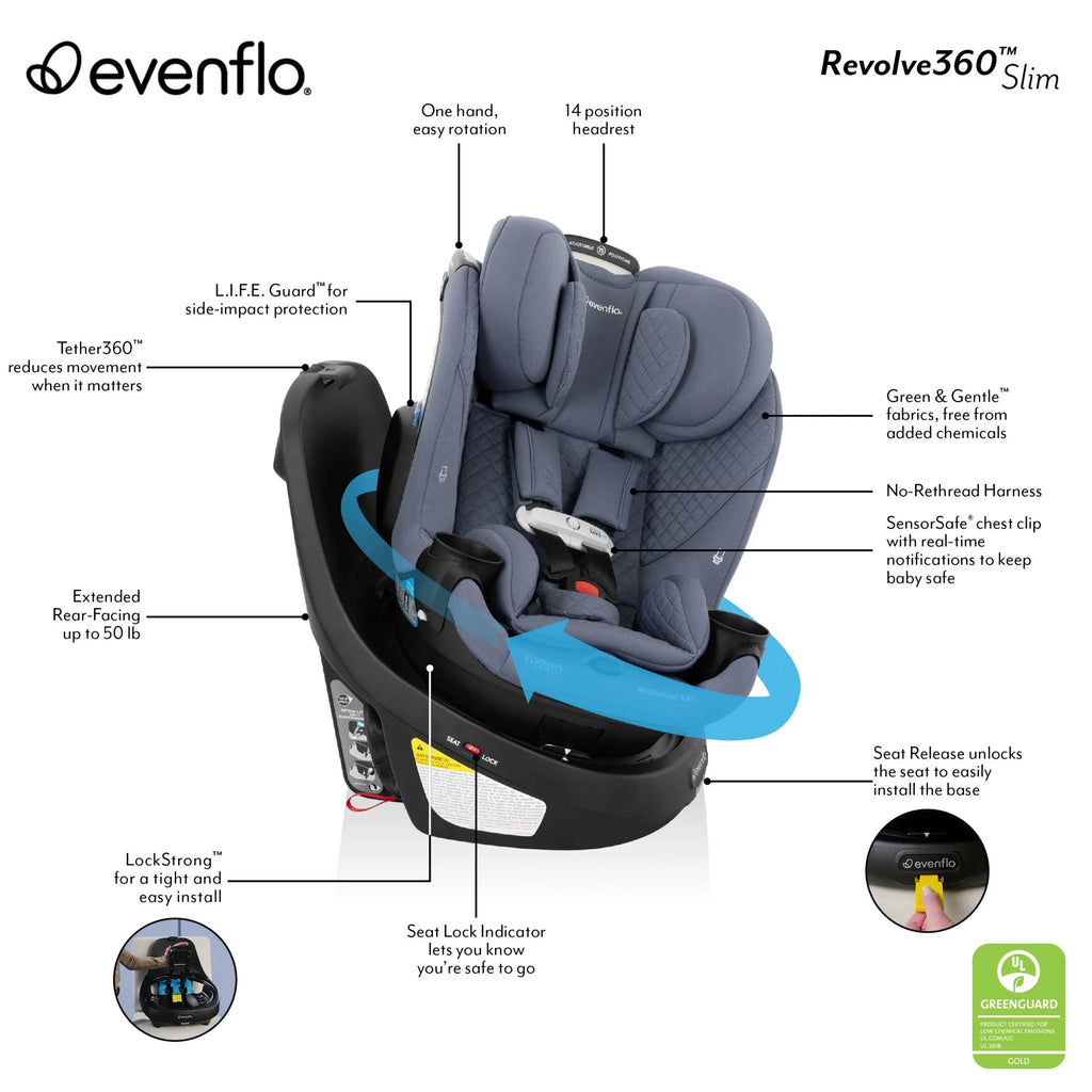 Revolve360 Slim 2-In-1 Rotating Car Seat with Green & Gentle Fabric (Flint)