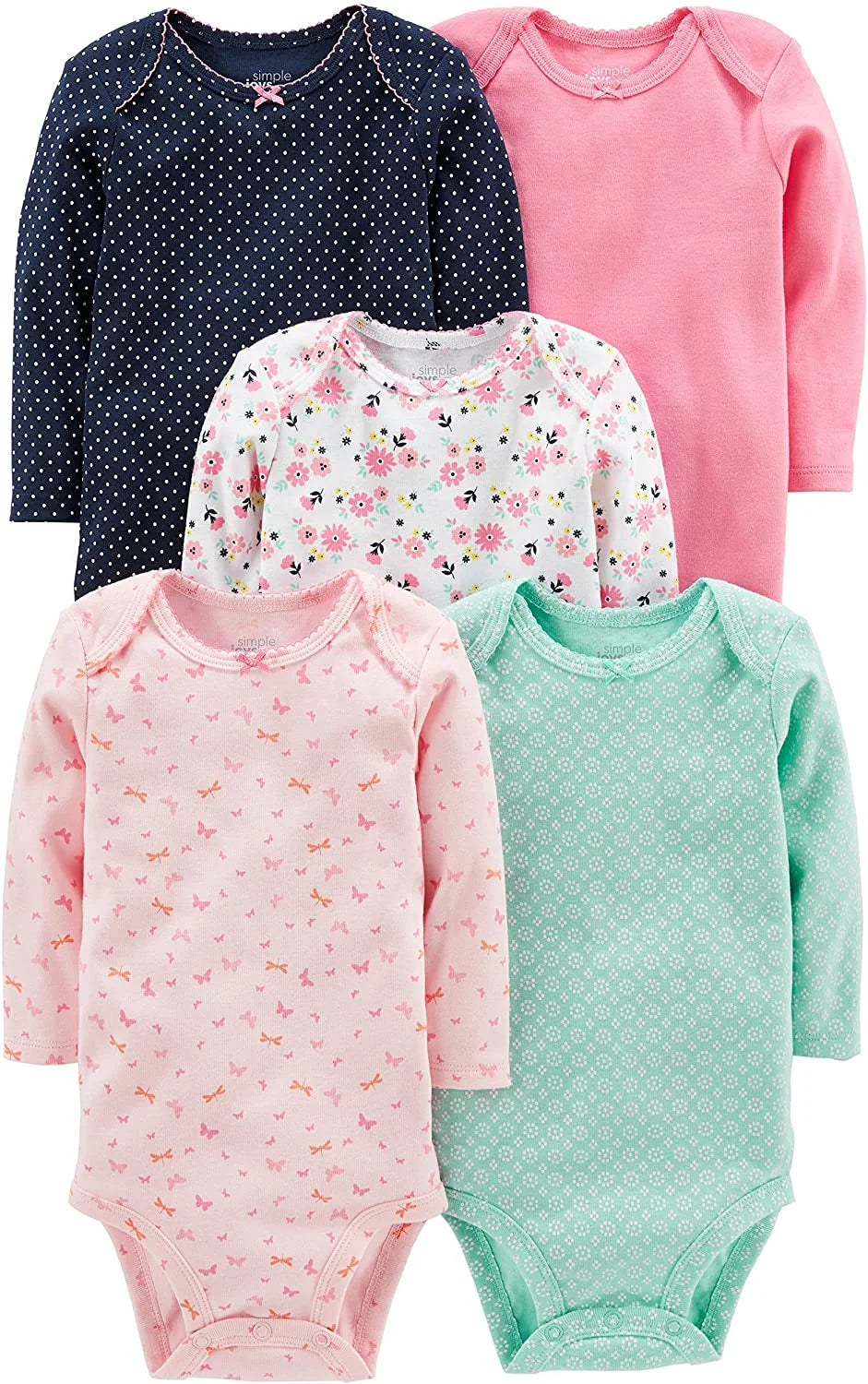 Simple Joys by  Baby Girls' 5-Pack Long-Sleeve Bodysuit, Pink/Navy/Mint, 18 Months