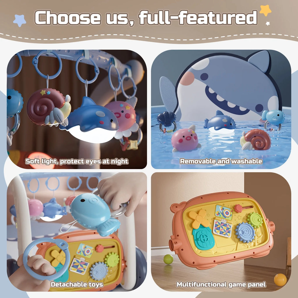 4 in 1 Baby Gym Play Mat & Baby Learning Walker, Activity Mat with Kick and Play Piano for Infant Newborn, Gift 0-12 Months
