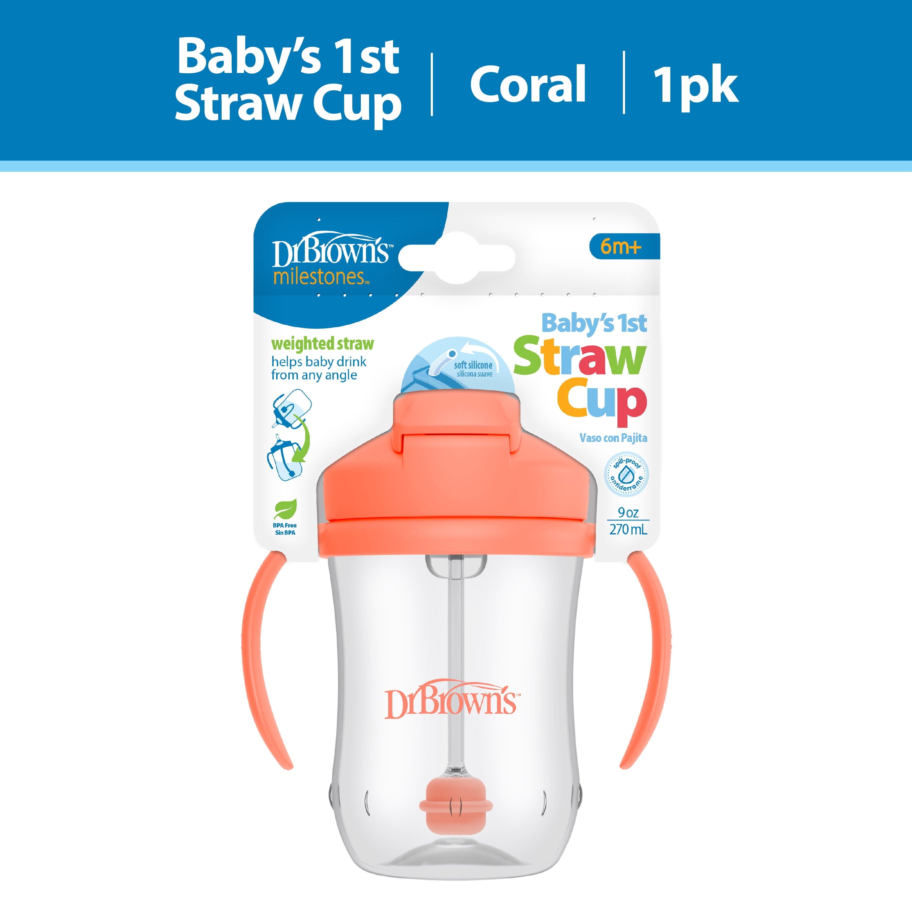 (3 Pack)  Milestones Baby’S First Straw Cup, Training Cup with Weighted Straw, Coral, 6M+