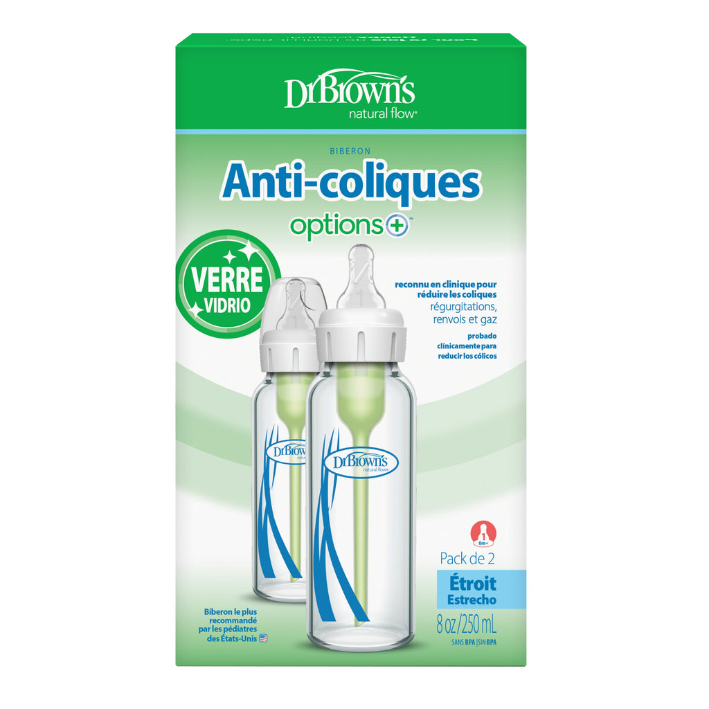 Anti-Colic Options+ Narrow Glass Baby Bottle, 8 Oz/250 Ml, with Level 1 Slow Flow Nipple, BPA Free, 0M+, 2 Pack