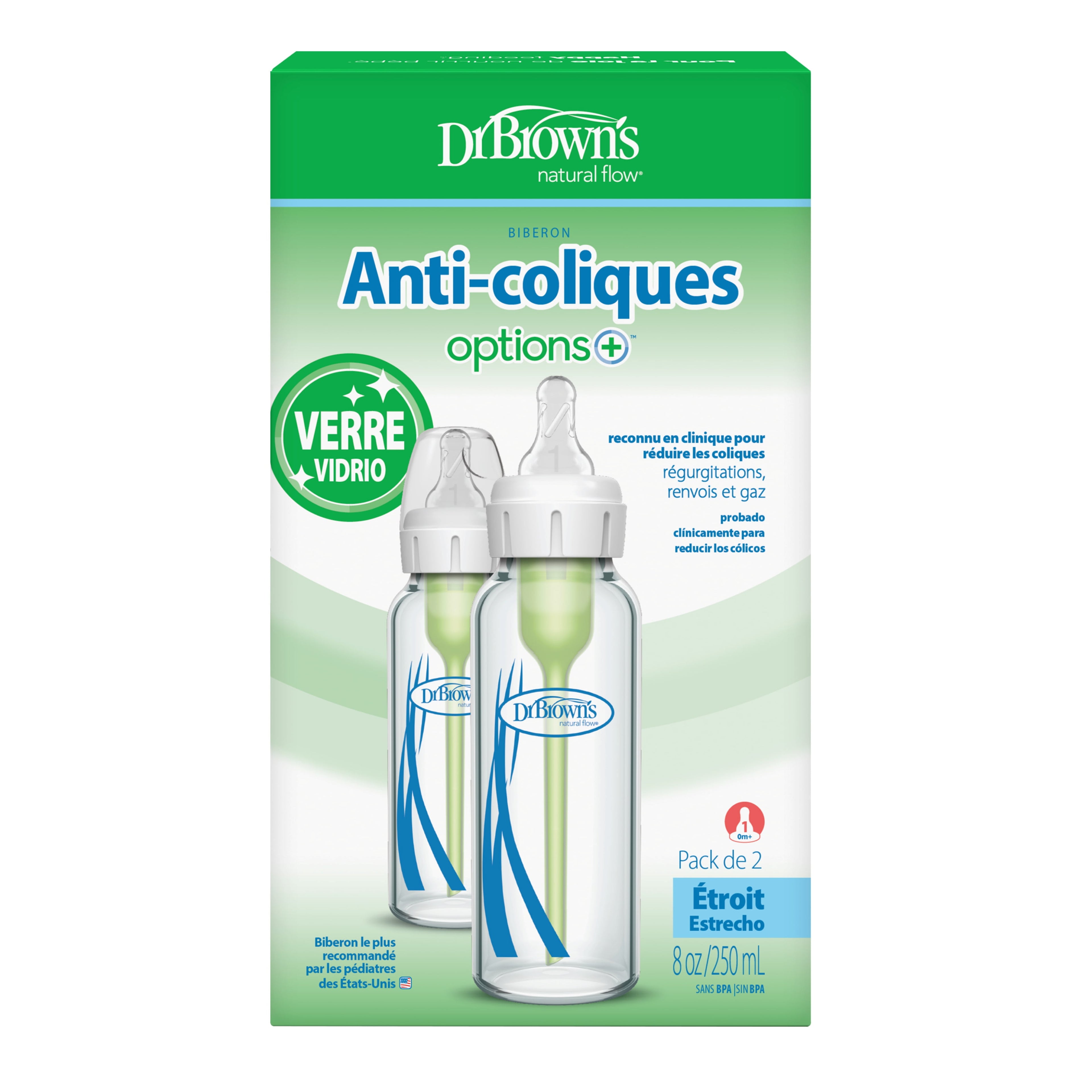 Anti-Colic Options+ Narrow Glass Baby Bottle, 8 Oz/250 Ml, with Level 1 Slow Flow Nipple, BPA Free, 0M+, 2 Pack