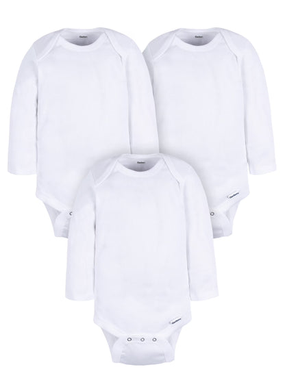 Gerber Gender Neutral Leisure White Long Sleeve Cotton Bodysuit, 3-Pack, Sizes Preemie - 24 Months