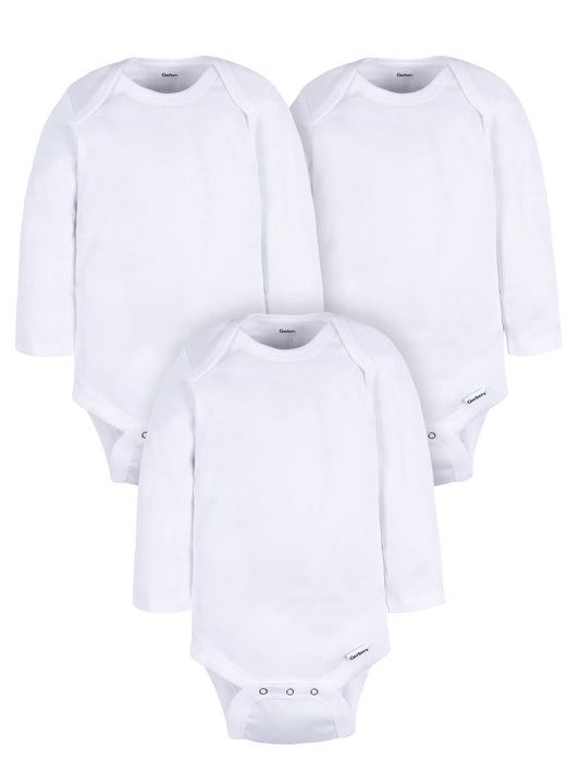 Gerber Gender Neutral Leisure White Long Sleeve Cotton Bodysuit, 3-Pack, Sizes Preemie - 24 Months