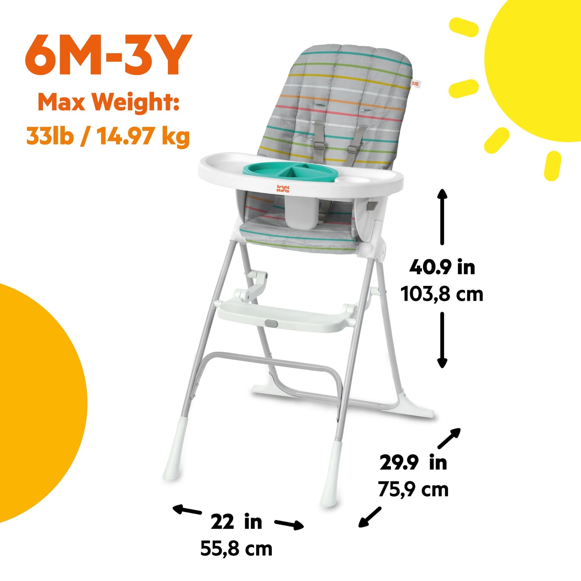 Bright Starts Dine Delight Compact Folding High Chair with 3-Section Plate, Unisex, Infant to Toddler