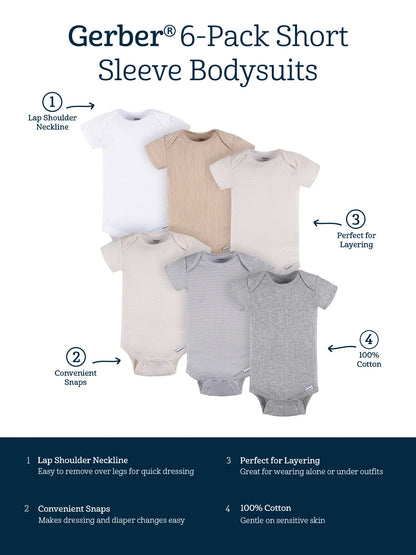Gerber Baby Neutral 6-Pack Short Sleeve Bodysuits, Sizes Preemie - 24 Months
