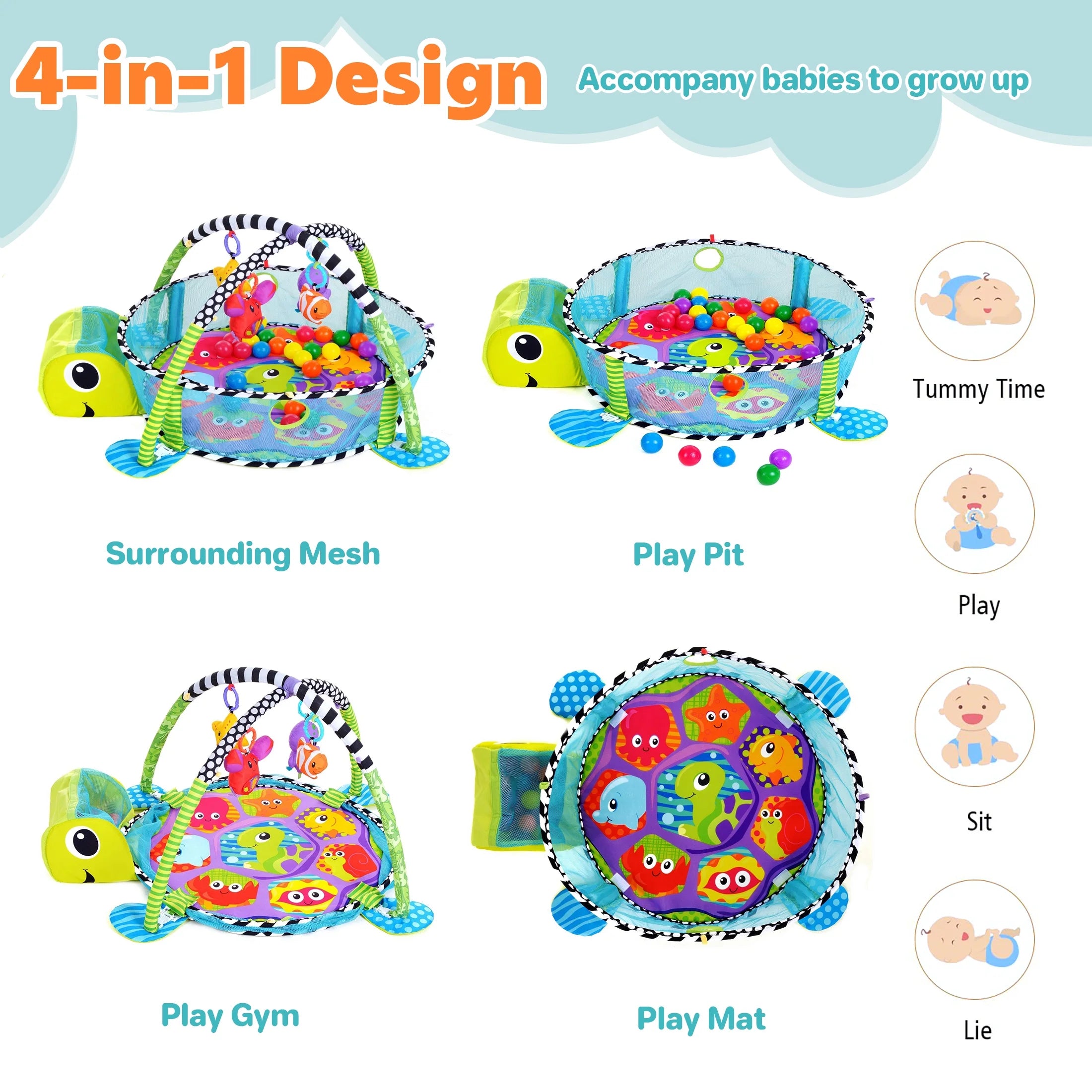 3-In-1 Baby Play Gym & Activity Mat with Ocean Ball Pit - Developmental Toy for Newborns to Toddlers (0-36 Months)