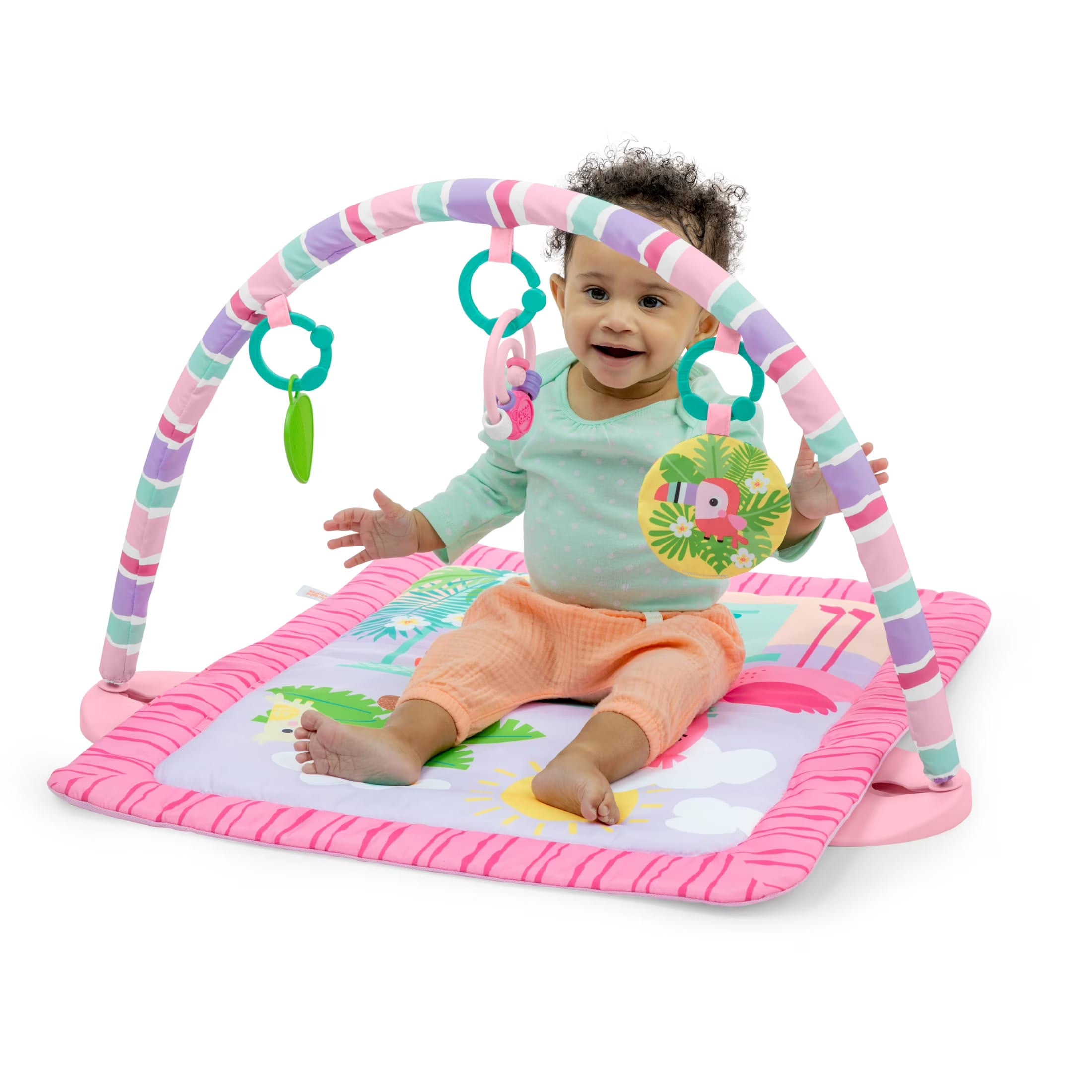 Pink Palms Tiki Toy Bar Baby Activity Gym & Tummy Time Mat with Toy Bar and 3 Toys, Newborn to 3 Years