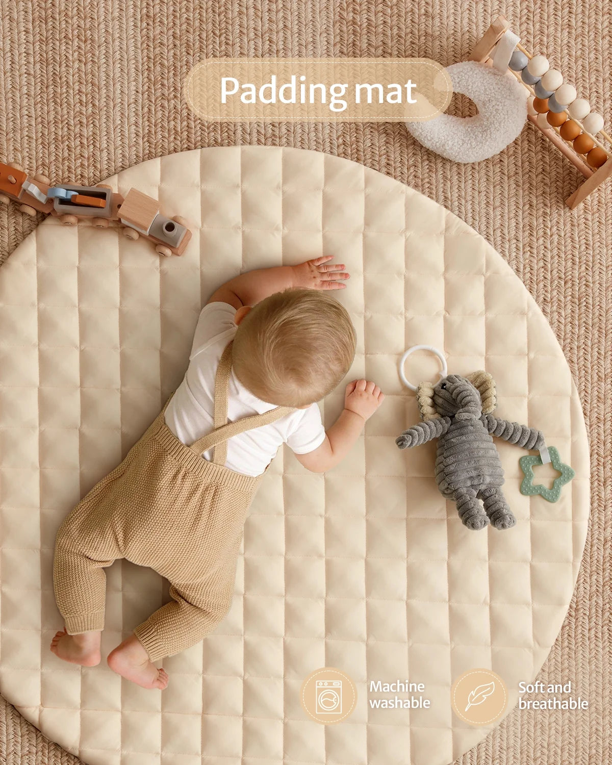 Baby Play Gym Activity Mat, Tummy Time Mat Play Mat with 6 Sensory Toys for Motor Skill Development, Newborn Infant Baby Essentials Gift for Boys Girls, Oatmeal Beige