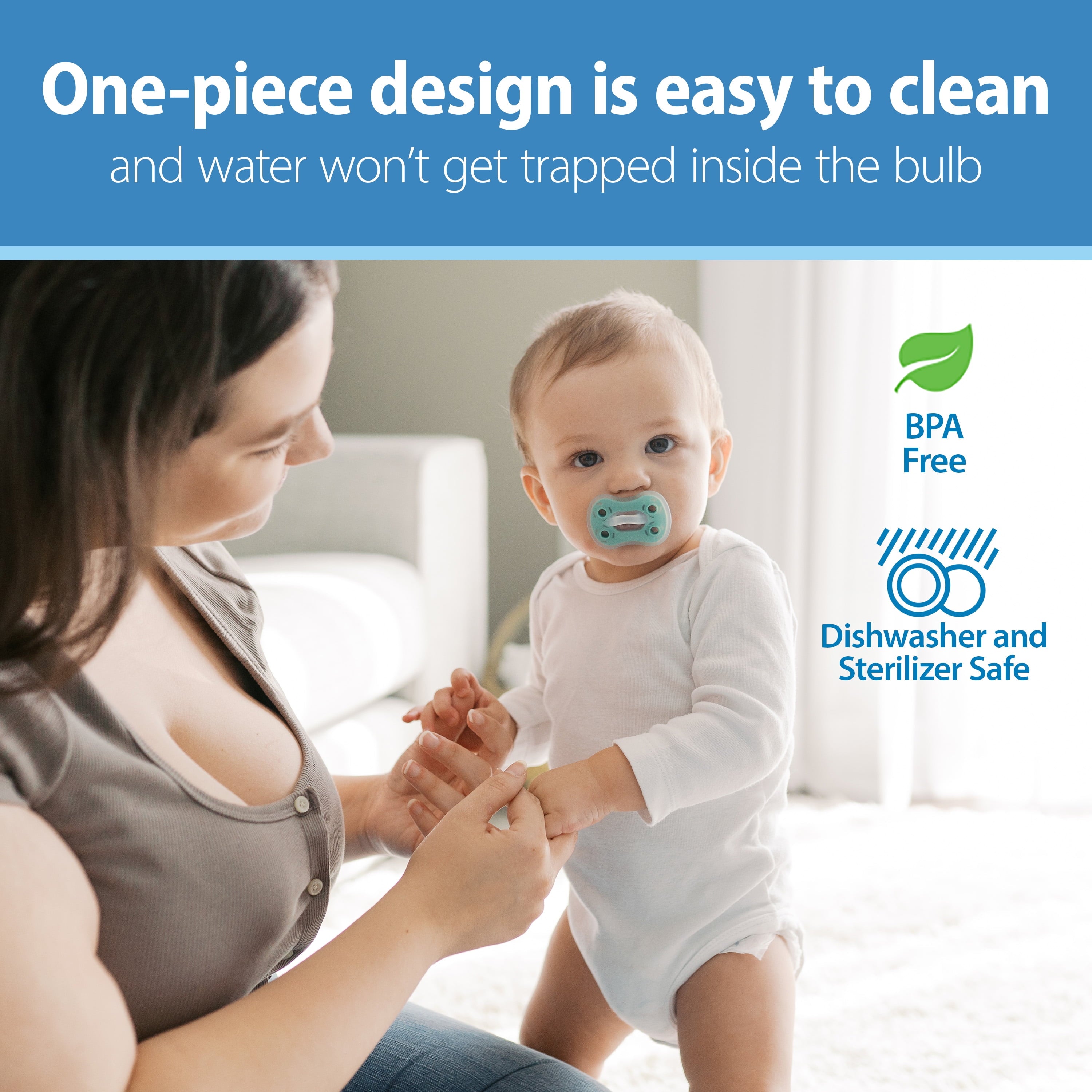 Advantage Lightweight One-Piece Silicone Baby Pacifier, Fully Symmetrical Soother, Neutral, 6-18M, BPA Free, 3 Pack