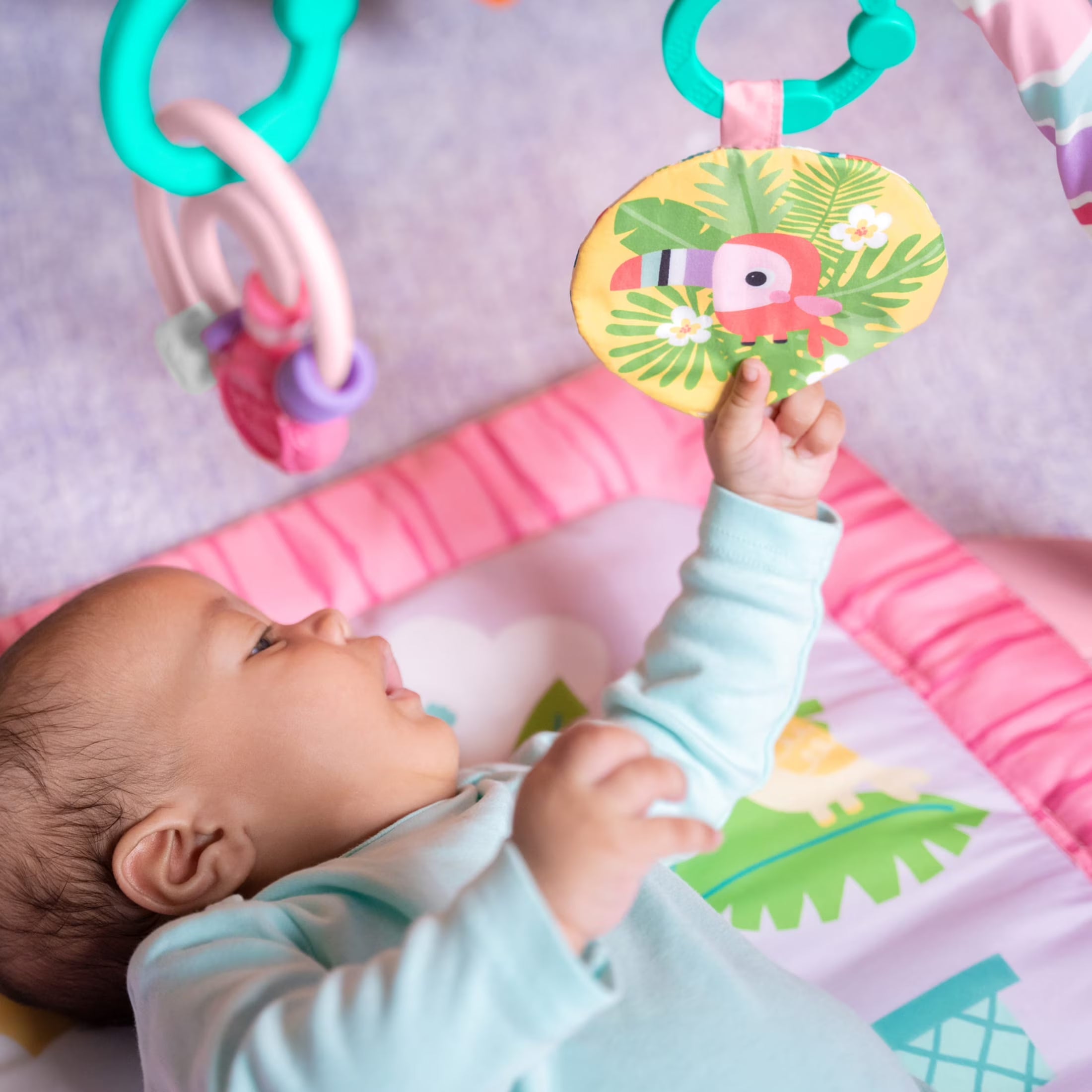 Pink Palms Tiki Toy Bar Baby Activity Gym & Tummy Time Mat with Toy Bar and 3 Toys, Newborn to 3 Years