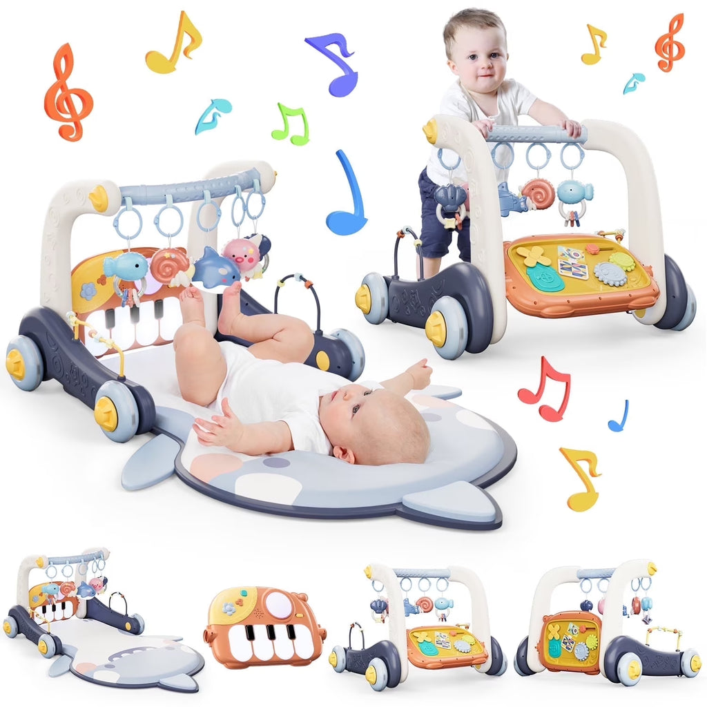 4 in 1 Baby Gym Play Mat & Baby Learning Walker, Activity Mat with Kick and Play Piano for Infant Newborn, Gift 0-12 Months