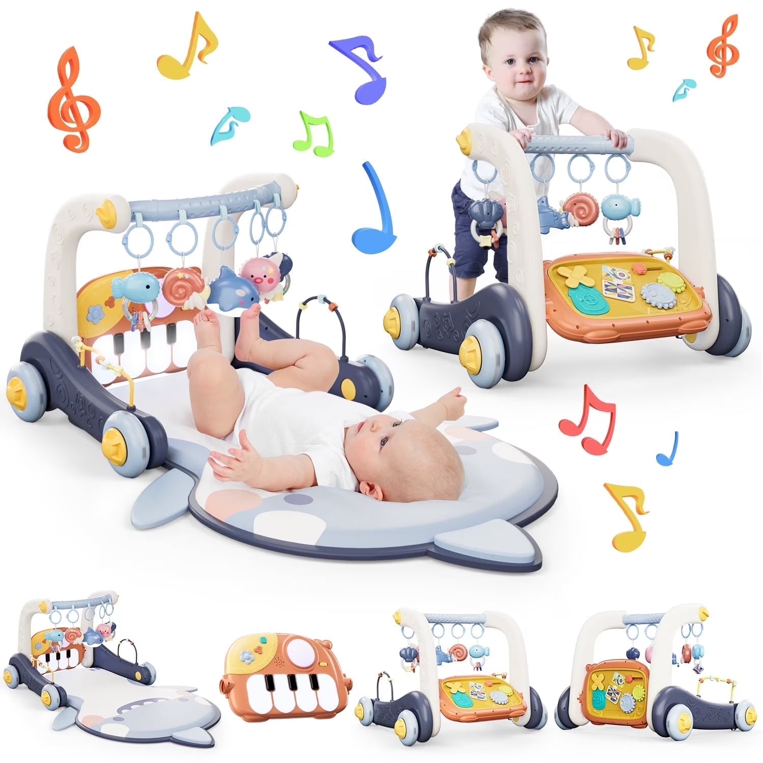 4 in 1 Baby Gym Play Mat & Baby Learning Walker, Activity Mat with Kick and Play Piano for Infant Newborn, Gift 0-12 Months