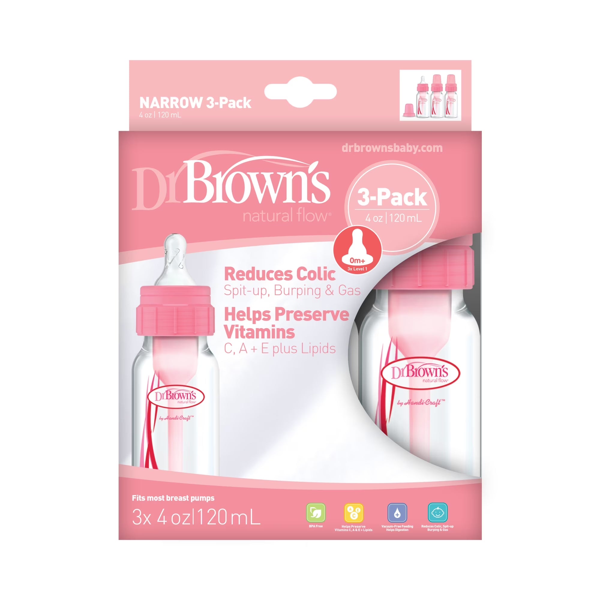 Natural Flow Anti-Colic Baby Bottles -Pink - 4Oz - 3-Pack