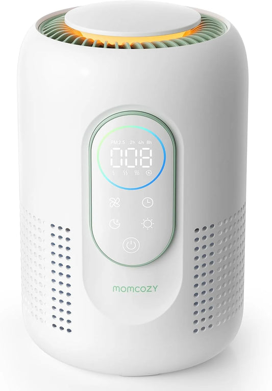 Momcozy Nursery Air Purifier, 4-Filter System with H13 HEPA & Carbon, Real-Time PM2.5 Air Quality Monitor & Display with 3-Color Status, Baby Air Purifier with 21 Db Sleep Mode, Dimmable Night Light