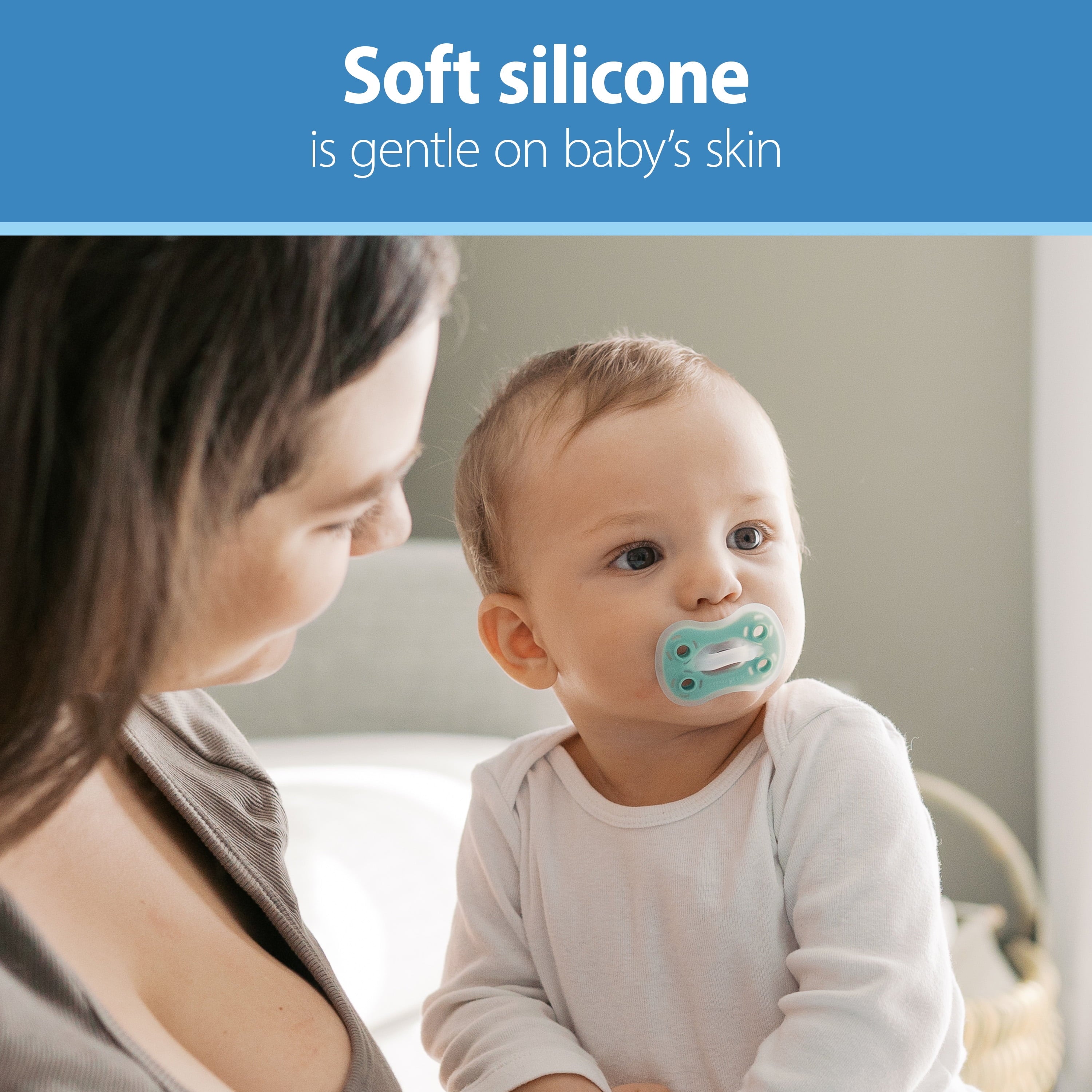 Advantage Lightweight One-Piece Silicone Baby Pacifier, Fully Symmetrical Soother, Neutral, 6-18M, BPA Free, 3 Pack