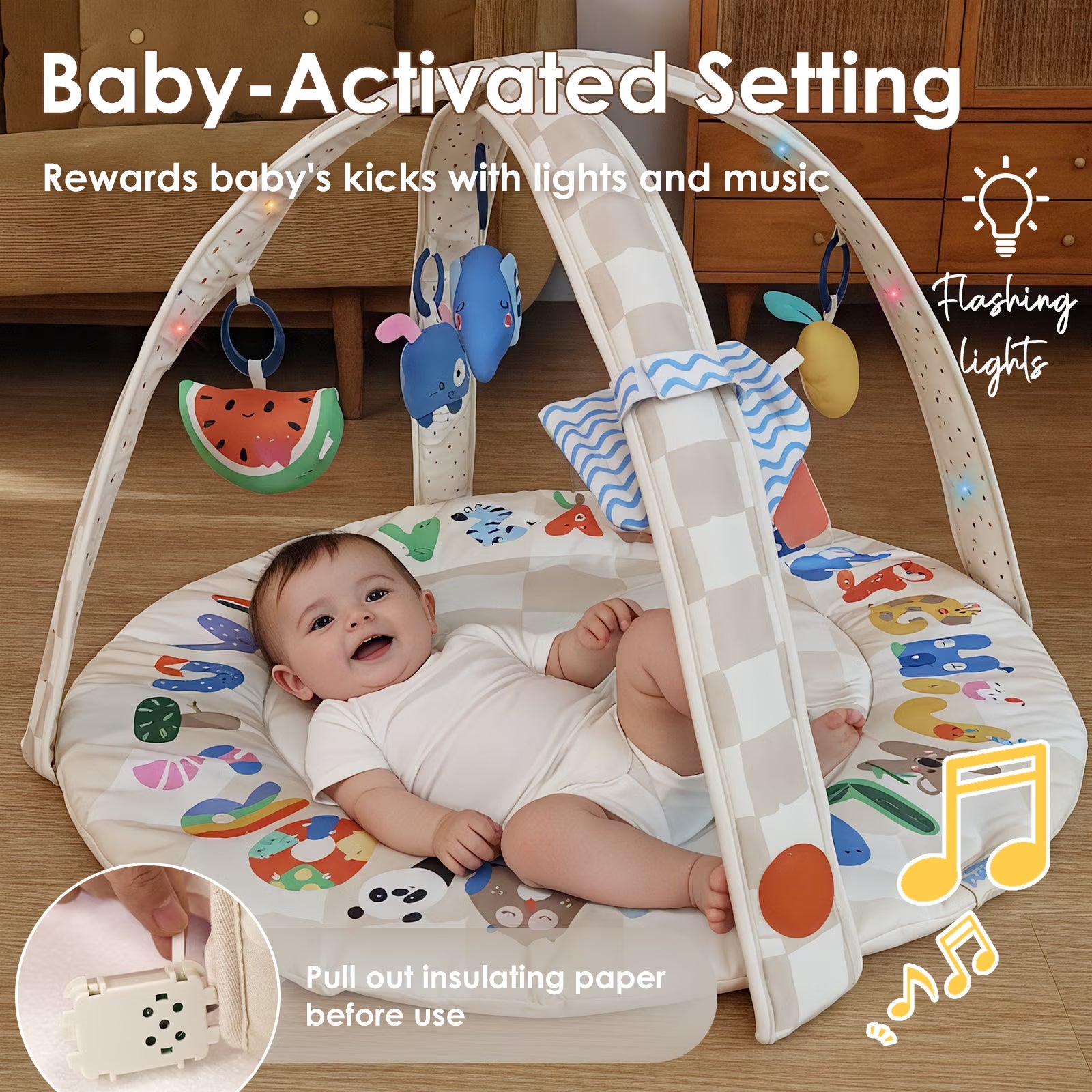 Play Gym, Stage-Based Developmental Activity Gym & Play Mat for Baby to Toddler, 5 Removable Sensory Toys,0+ Months (ABC123)