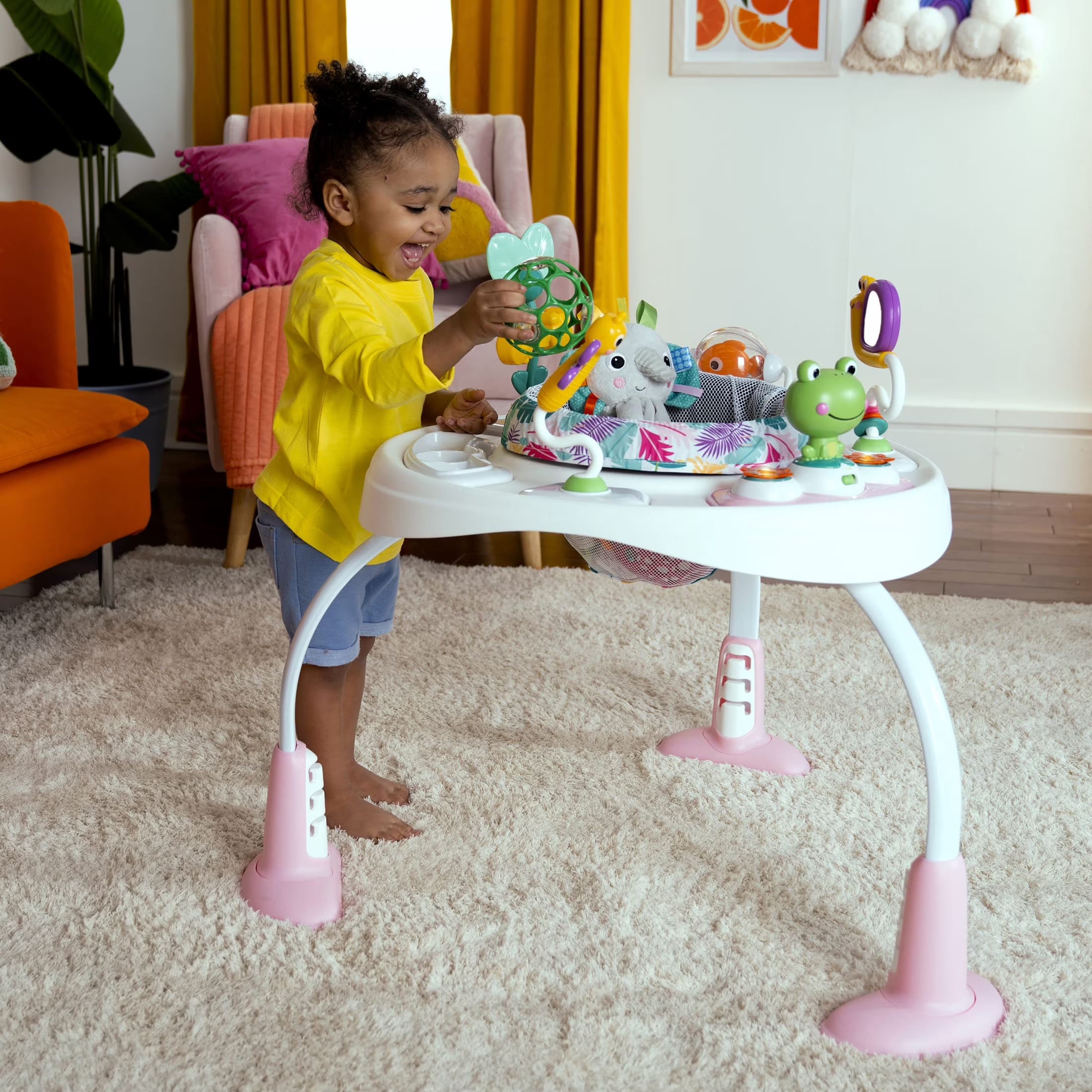 Bounce Bounce Baby 2-In-1 Activity Center Jumper & Table - Playful Palms Pink, 6 Months and Up