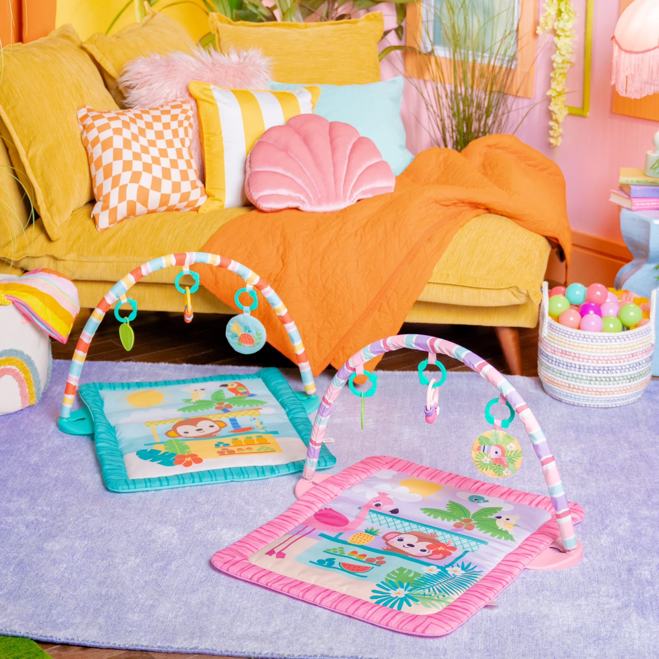 Pink Palms Tiki Toy Bar Baby Activity Gym & Tummy Time Mat with Toy Bar and 3 Toys, Newborn to 3 Years