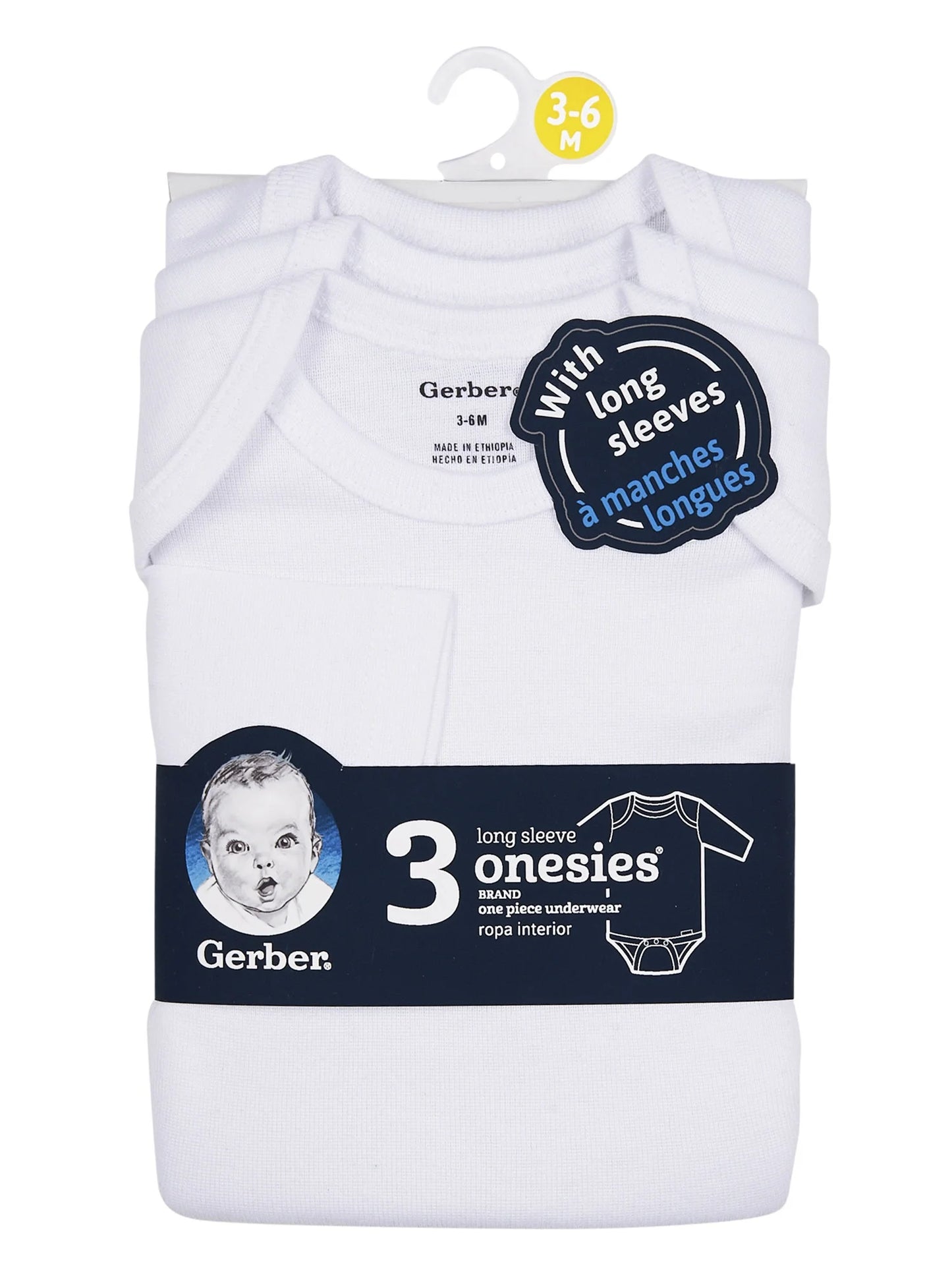 Gerber Gender Neutral Leisure White Long Sleeve Cotton Bodysuit, 3-Pack, Sizes Preemie - 24 Months