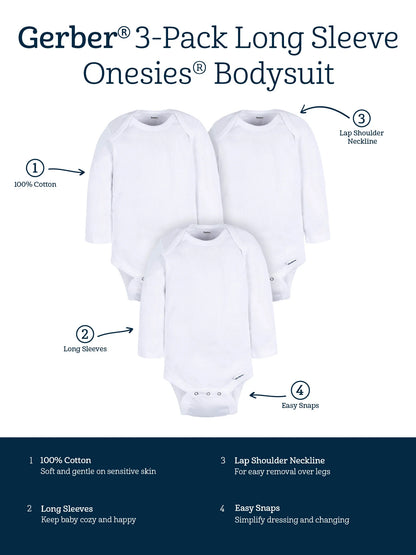 Gerber Gender Neutral Leisure White Long Sleeve Cotton Bodysuit, 3-Pack, Sizes Preemie - 24 Months