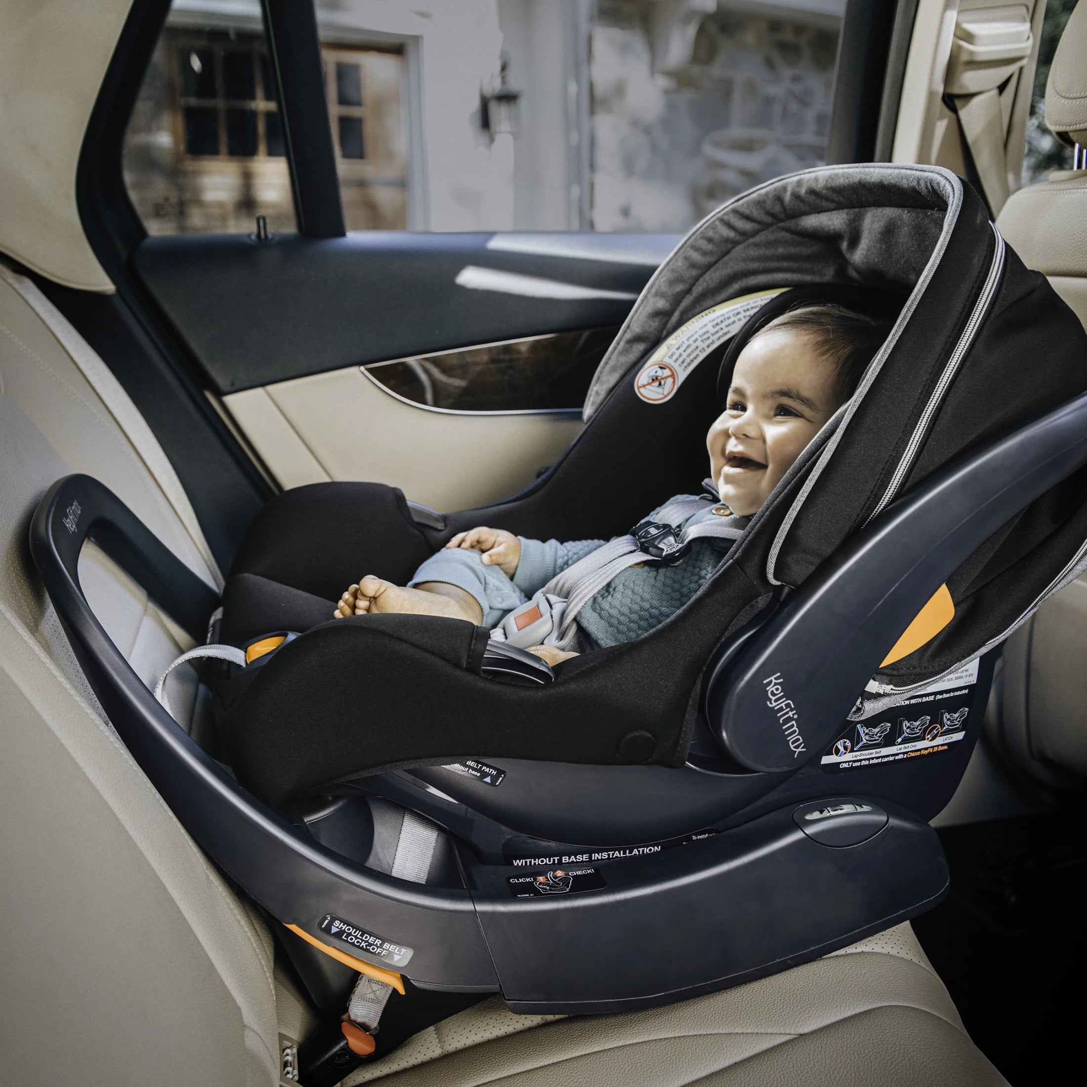 Keyfit® Max Zip Cleartex® Extended-Use Infant Car Seat and Stay-In-Car Base, Rear-Facing, 1-Hand Adjust Handle, Zip-Open Privacy Shield - Sierra (Beige), New