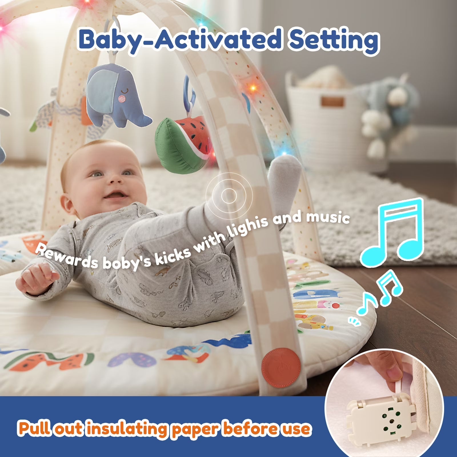 Play Gym, Stage-Based Developmental Activity Gym & Play Mat for Baby to Toddler, 5 Removable Sensory Toys,0+ Months (ABC123)