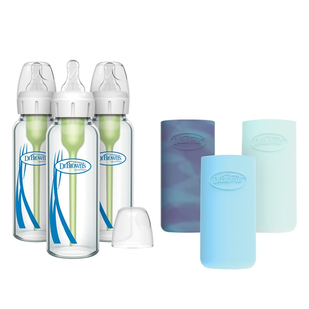 Natural Flow Anti-Colic Options+ Narrow Glass Baby Bottle, 8Oz, Blue/Glow Sleeves, 3 Pack